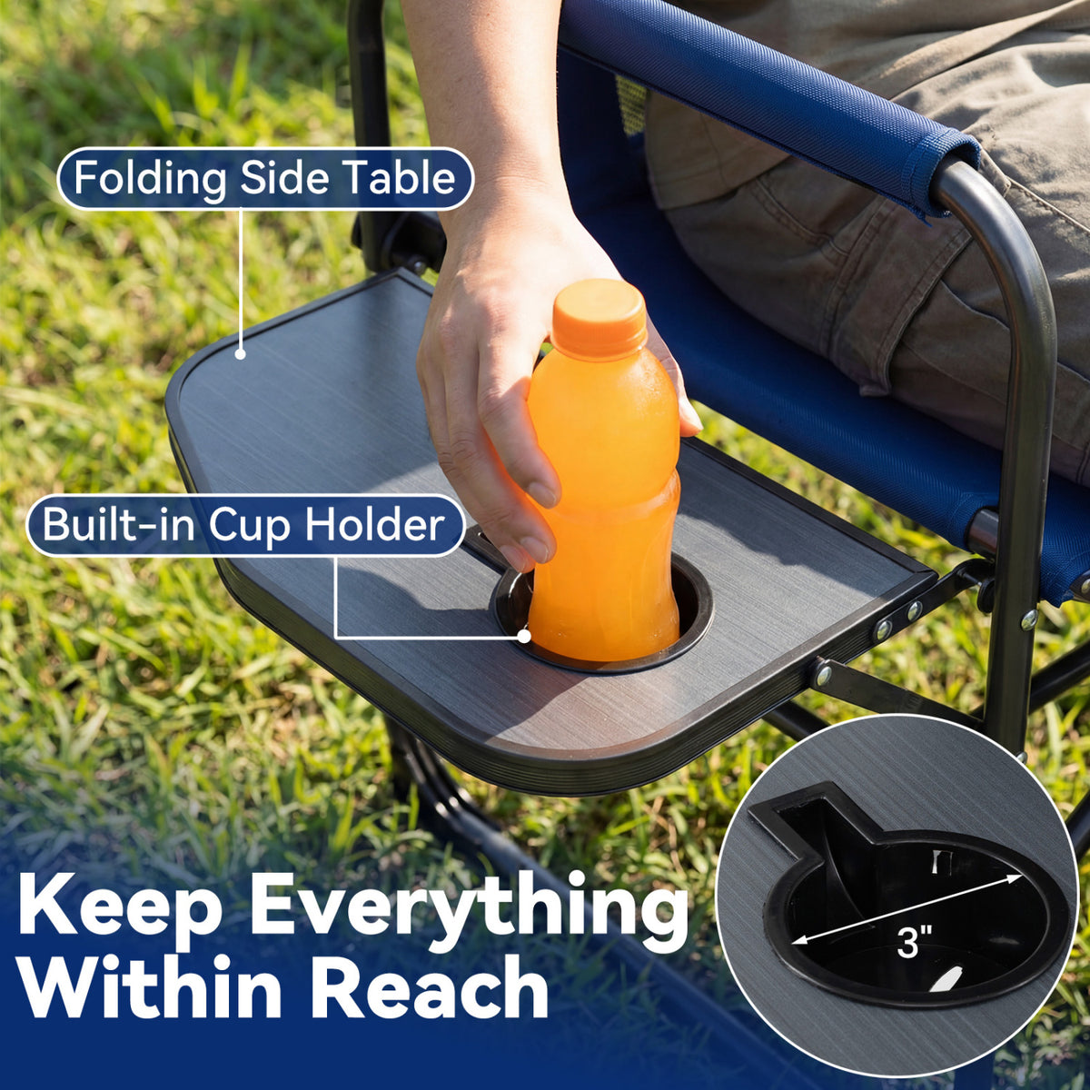 Folding Camping Chair with Side Table & Cup Holder - Navy