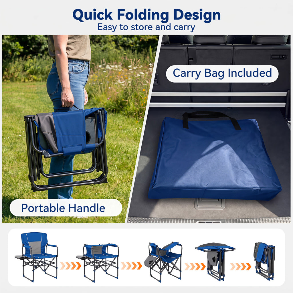 Folding Camping Chair with Side Table & Cup Holder - Navy