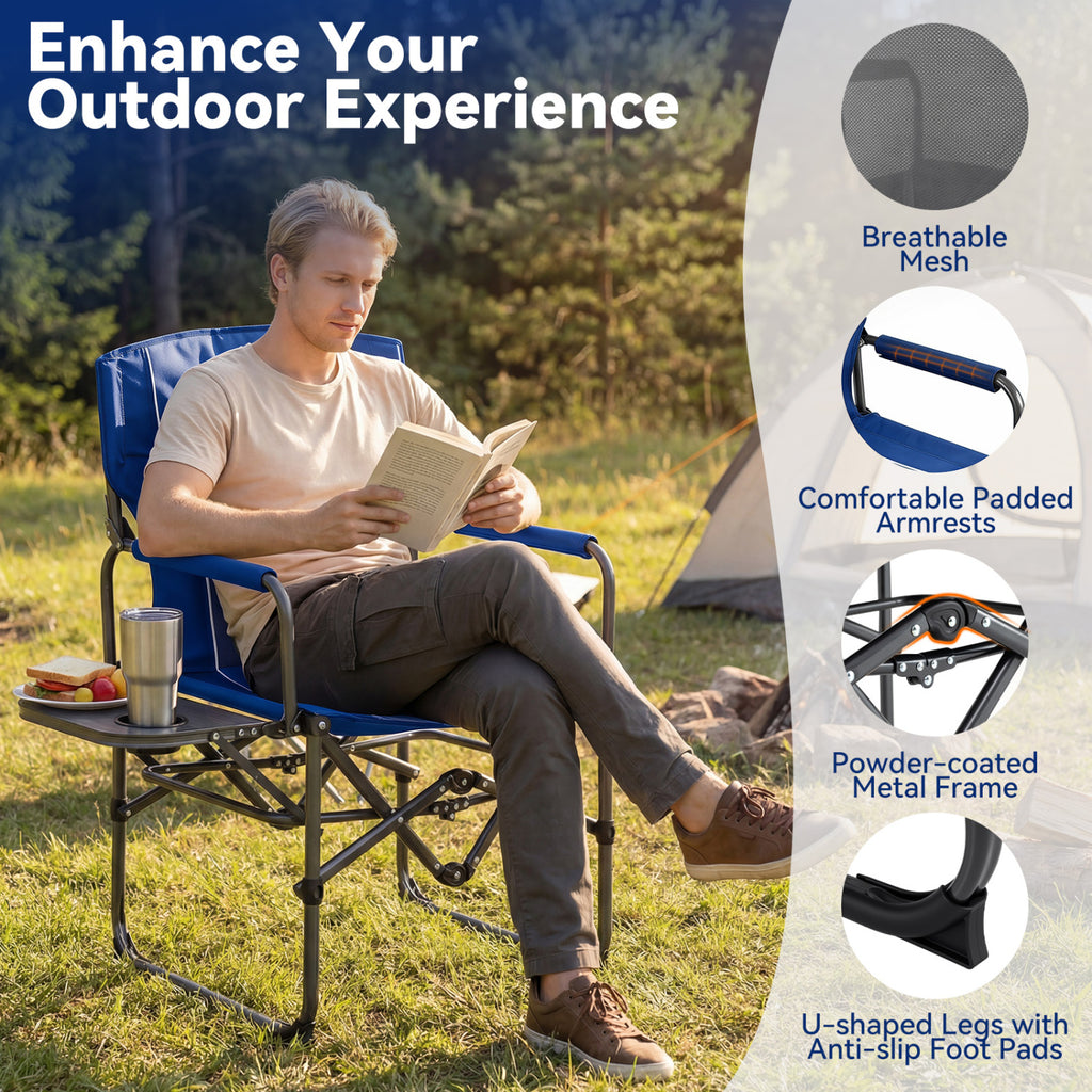 Folding Camping Chair with Side Table & Cup Holder - Navy