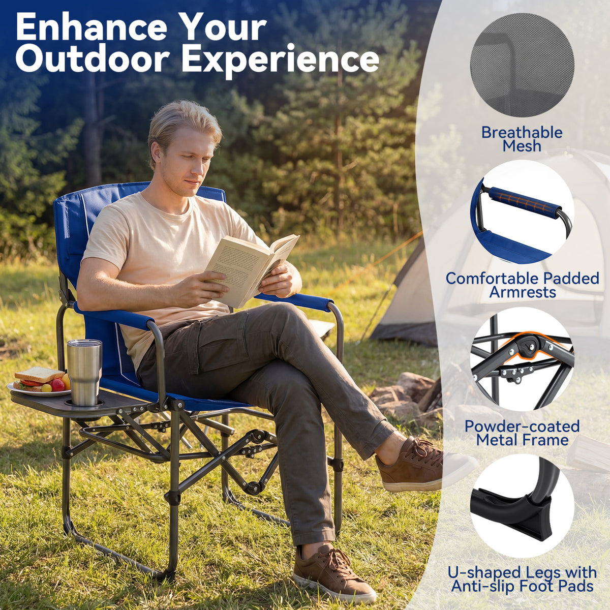 Folding Camping Chair with Side Table & Cup Holder - Navy