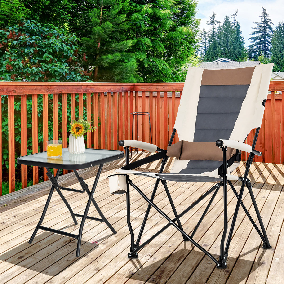 Folding Camping Chair with Cup Holder & Lumbar Pillow