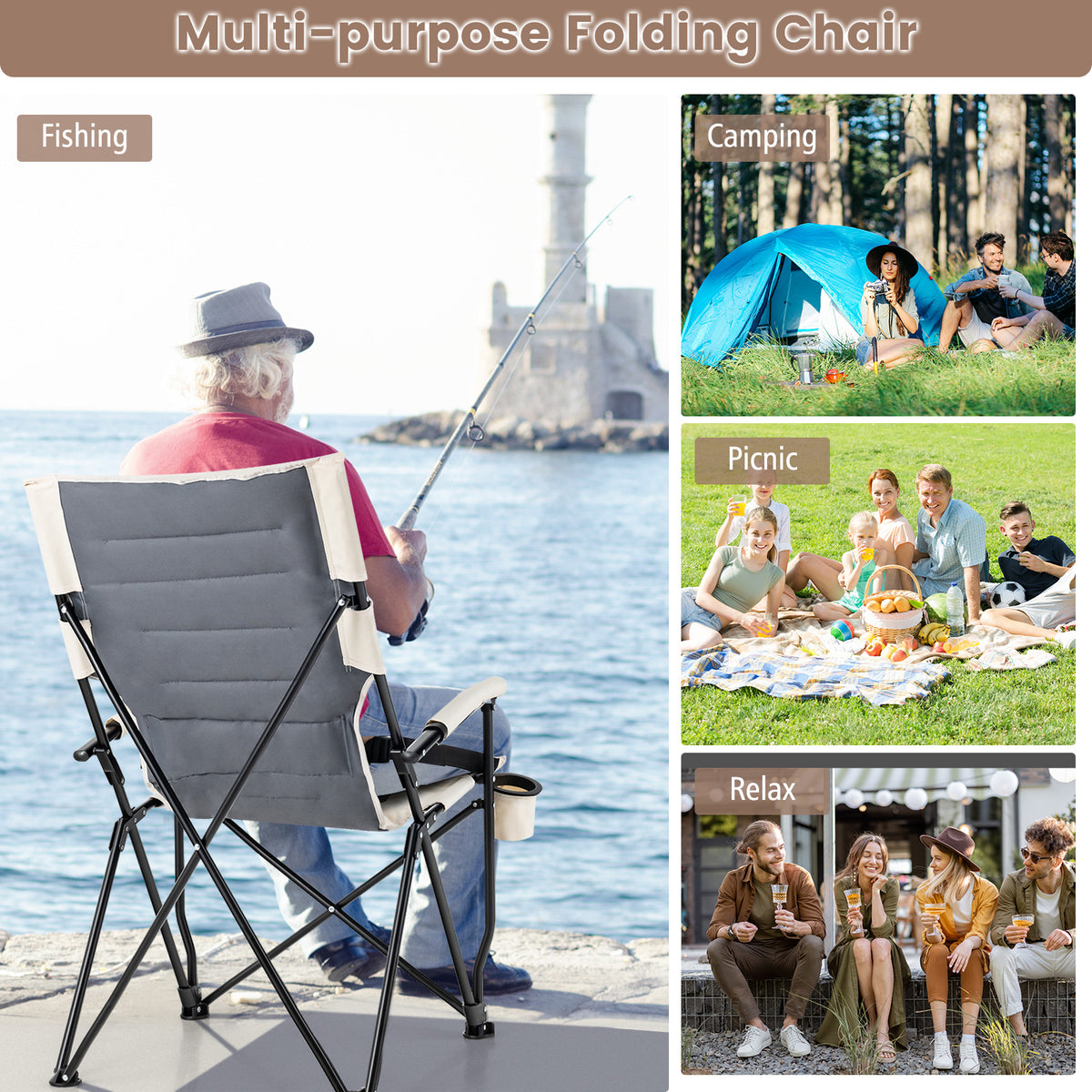 Folding Camping Chair with Cup Holder & Lumbar Pillow