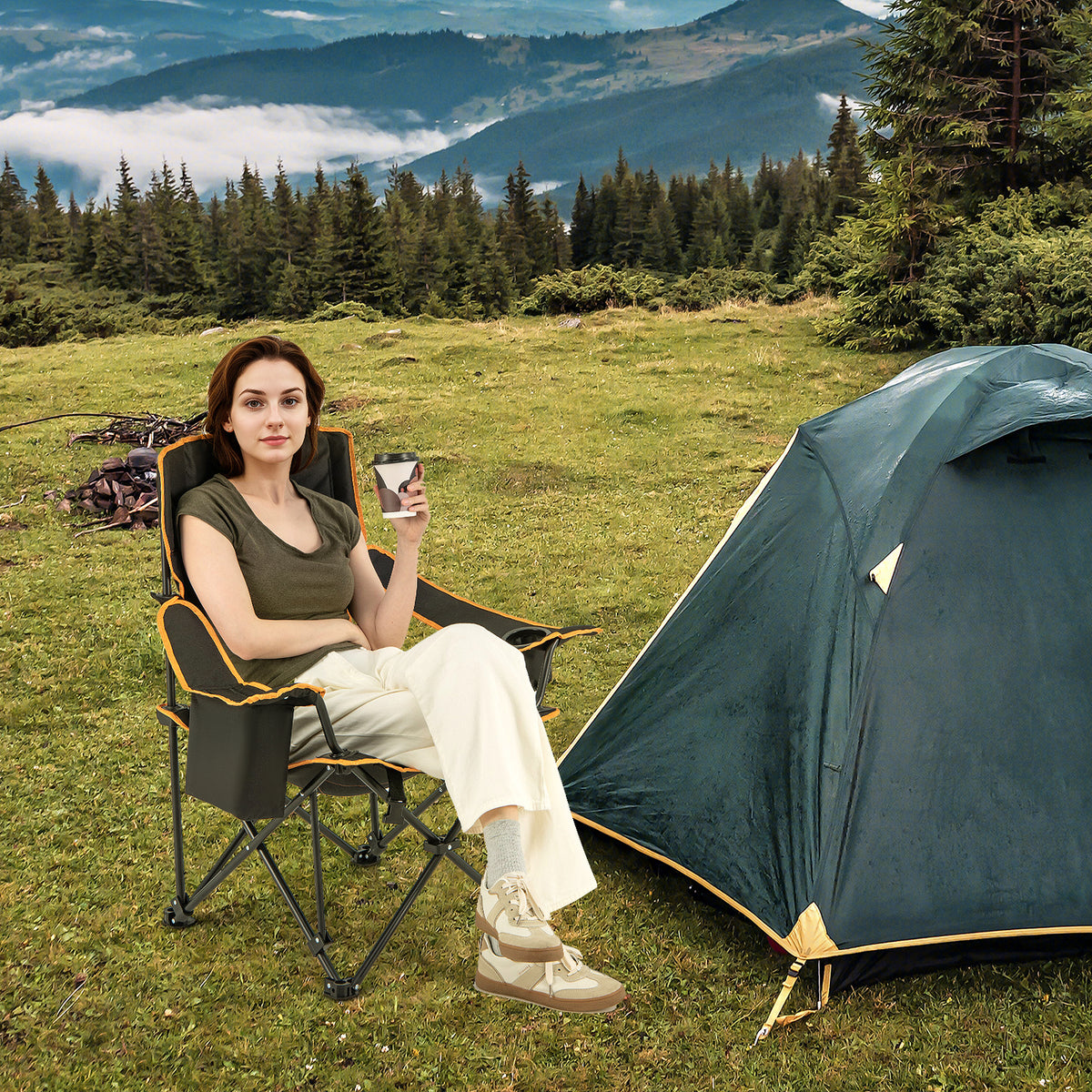 Folding Camping Chair with Footrest & Cooler Pocket, Black