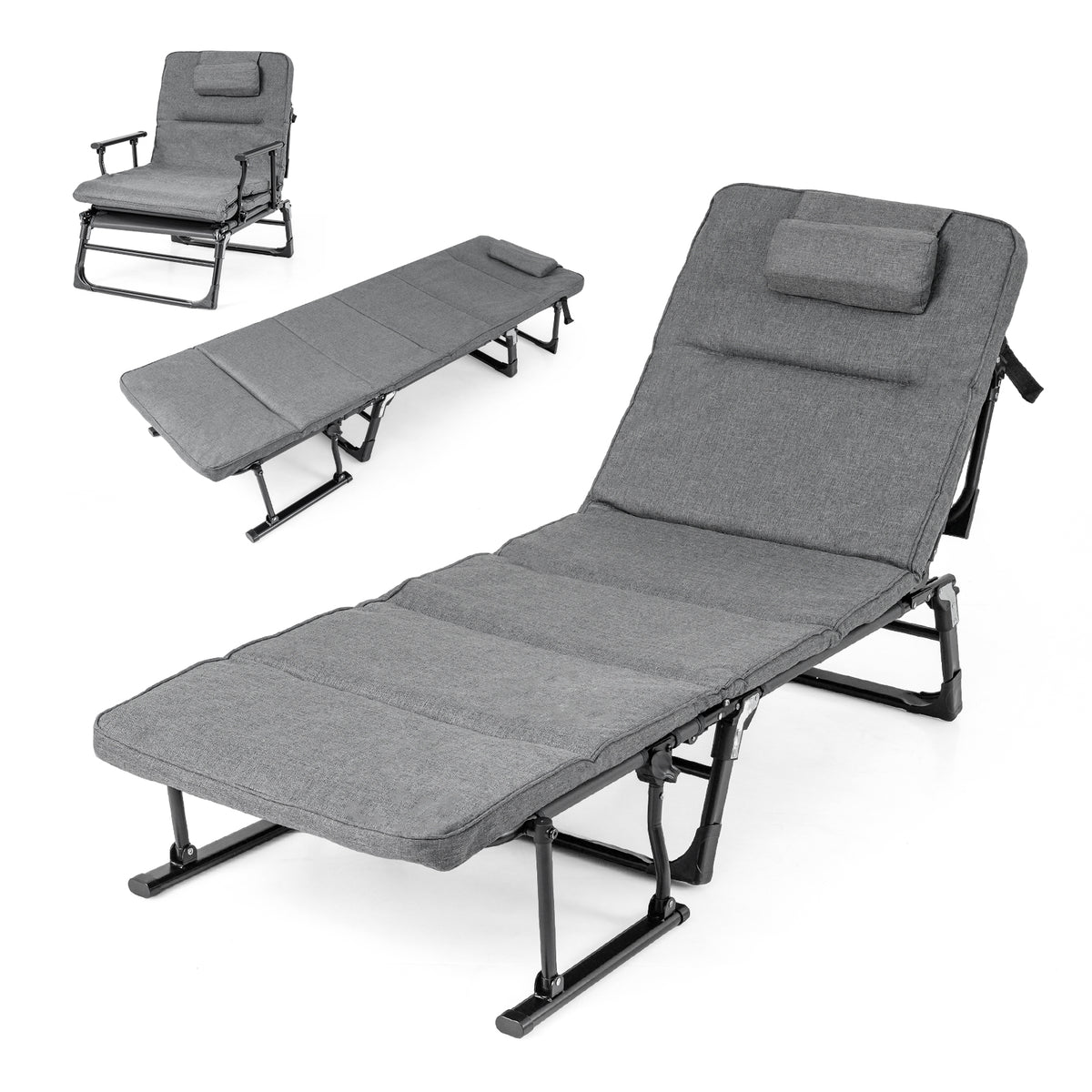 Folding Camping Cot 3-in-1 Convertible Lounge Chair – Gray