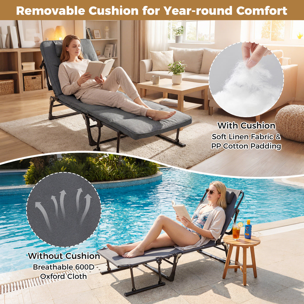 Folding Camping Cot 3-in-1 Convertible Lounge Chair – Gray