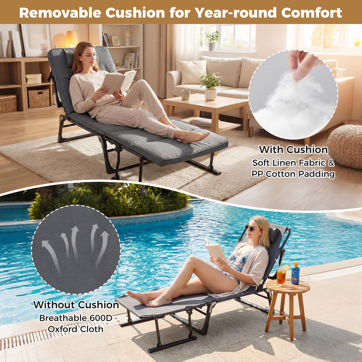Folding Camping Cot 3-in-1 Convertible Lounge Chair – Gray