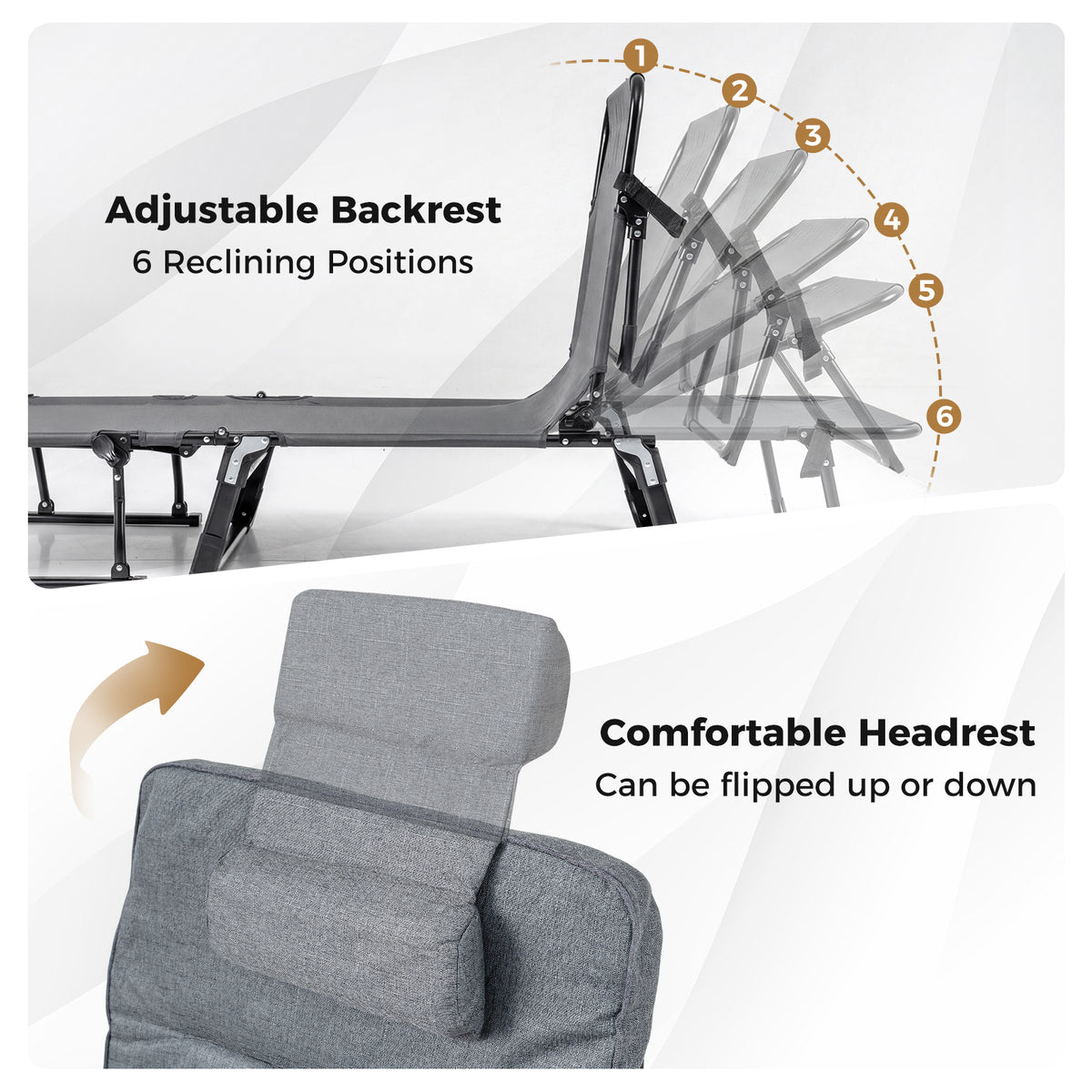 Folding Camping Cot 3-in-1 Convertible Lounge Chair – Gray