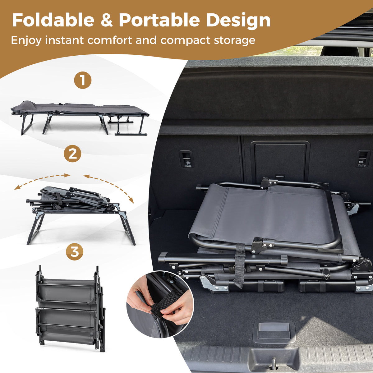 Folding Camping Cot 3-in-1 Convertible Lounge Chair – Gray