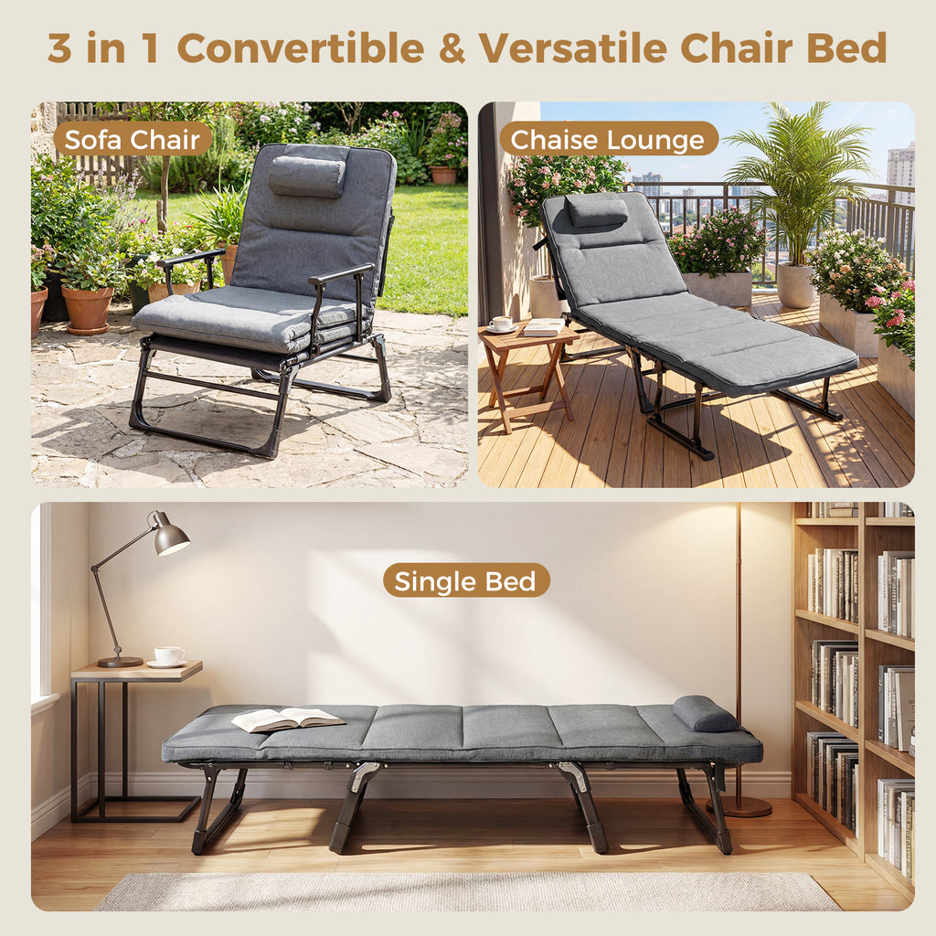 Folding Camping Cot 3-in-1 Convertible Lounge Chair – Gray