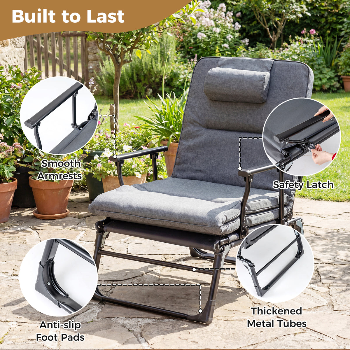 Folding Camping Cot 3-in-1 Convertible Lounge Chair – Gray