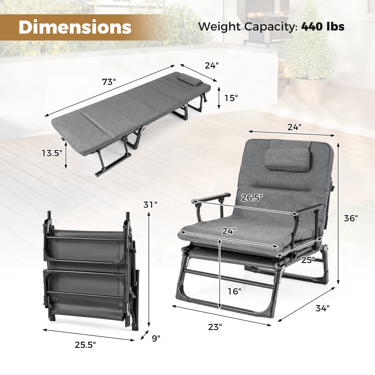 Folding Camping Cot 3-in-1 Convertible Lounge Chair – Gray