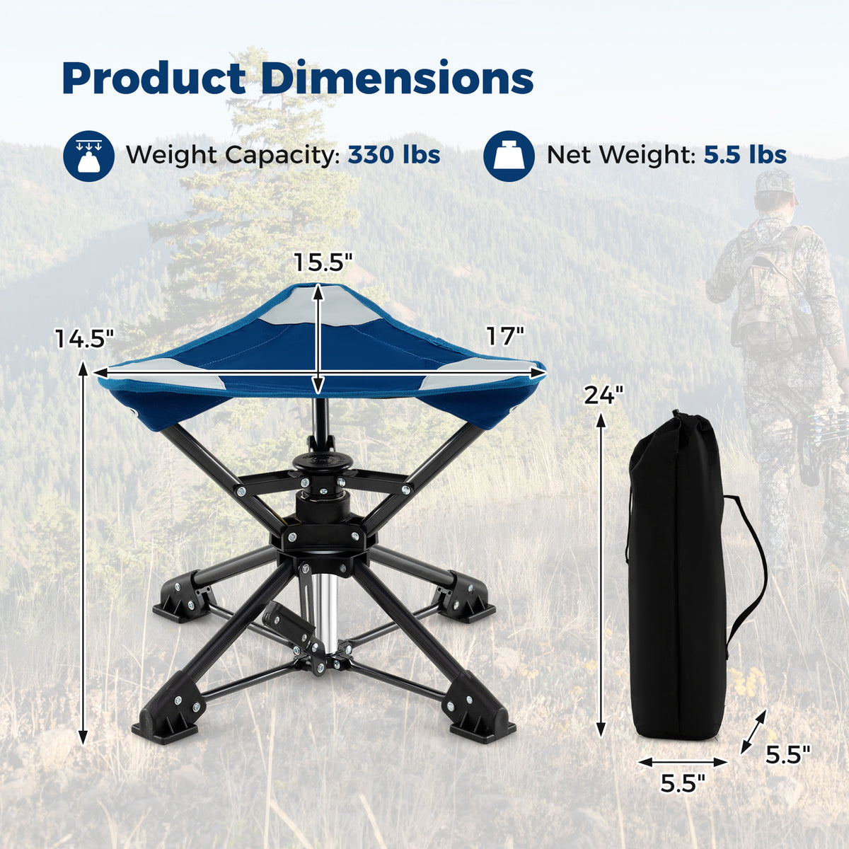 Folding Camping Stool 360° Swivel with Anti-Sink Feet - Blue