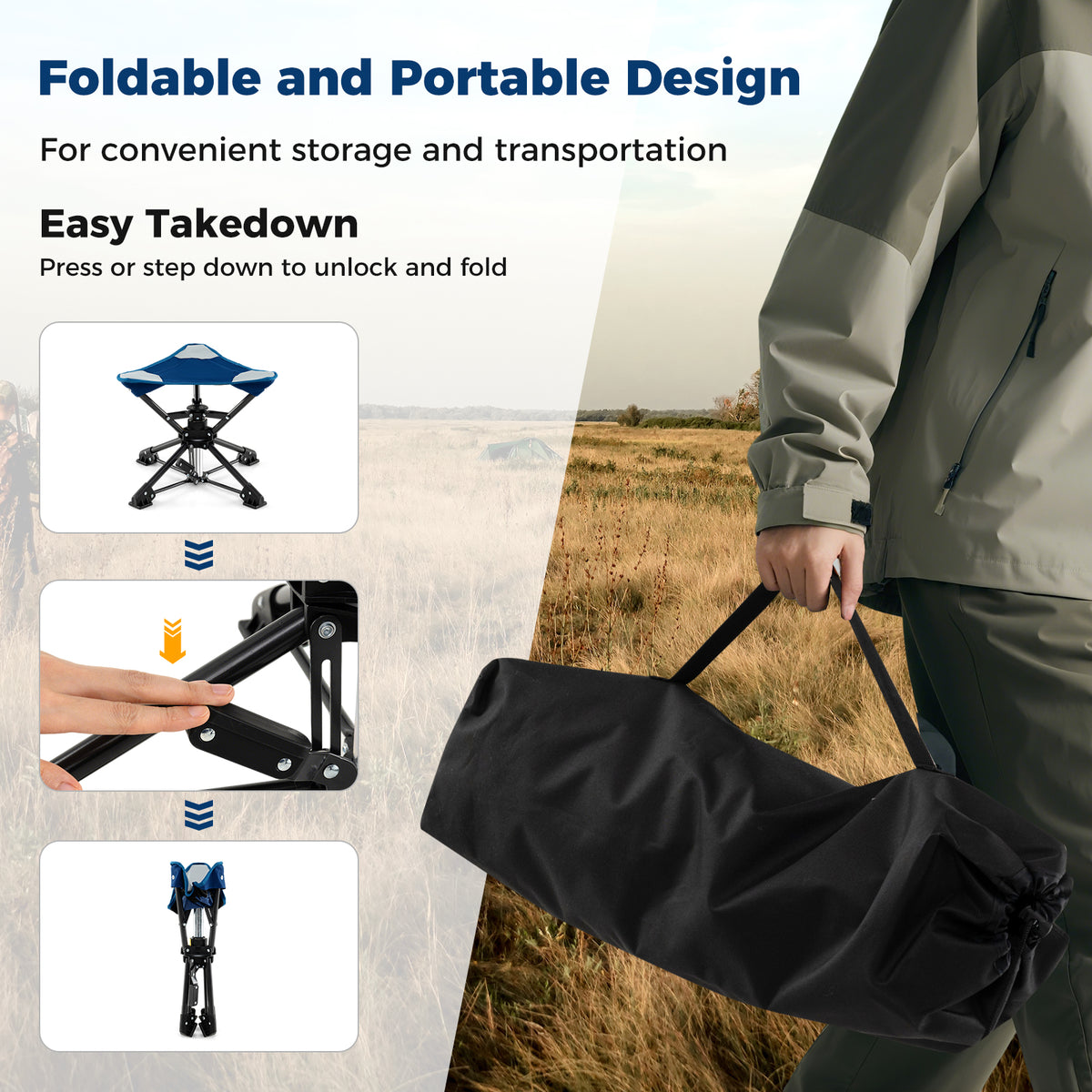 Folding Camping Stool 360° Swivel with Anti-Sink Feet - Blue