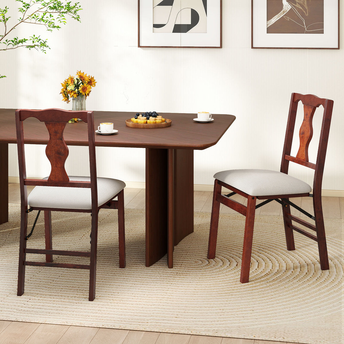 Folding Dining Chairs Set of 2 - Padded Upholstered, Brown & Beige