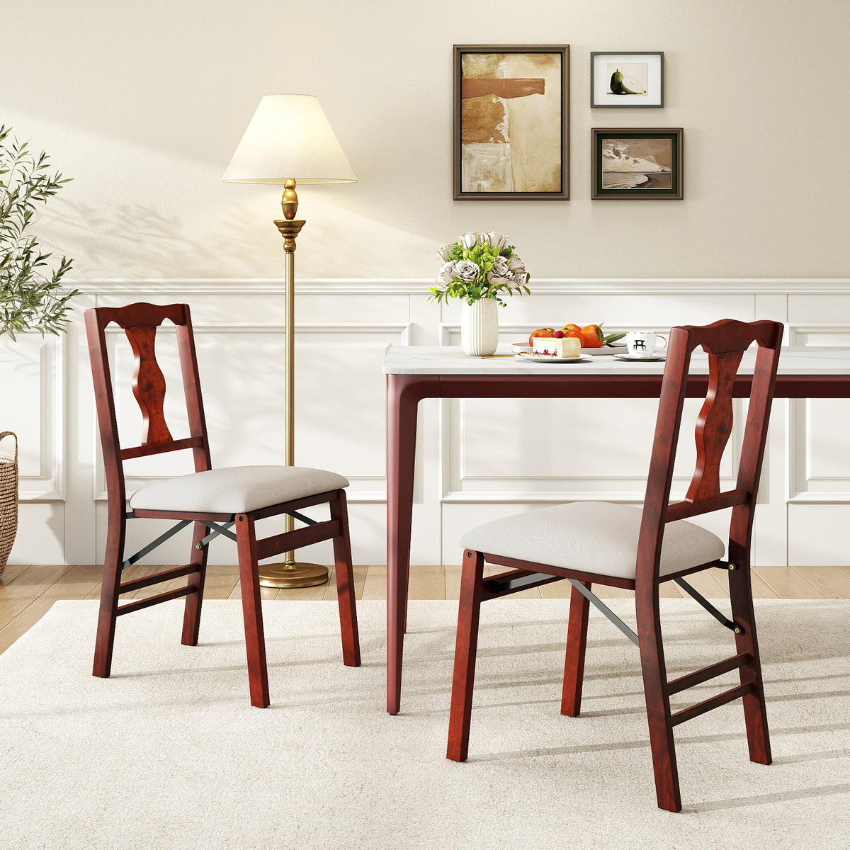 Folding Dining Chairs Set of 2 - Padded Upholstered, Brown & Beige