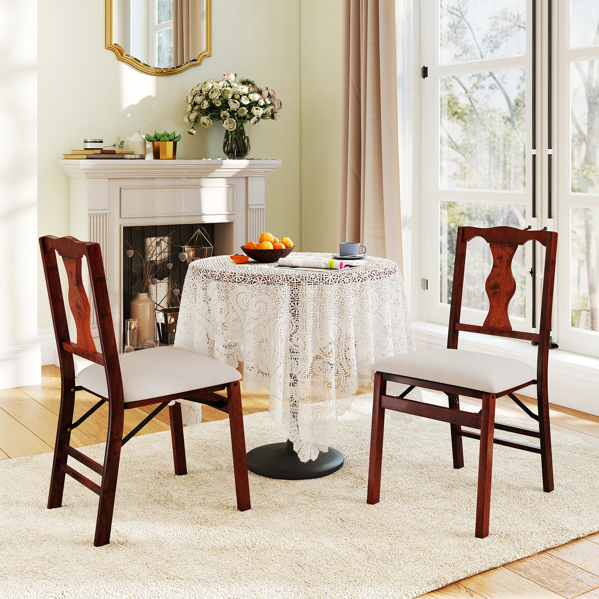 Folding Dining Chairs Set of 2 - Padded Upholstered, Brown & Beige
