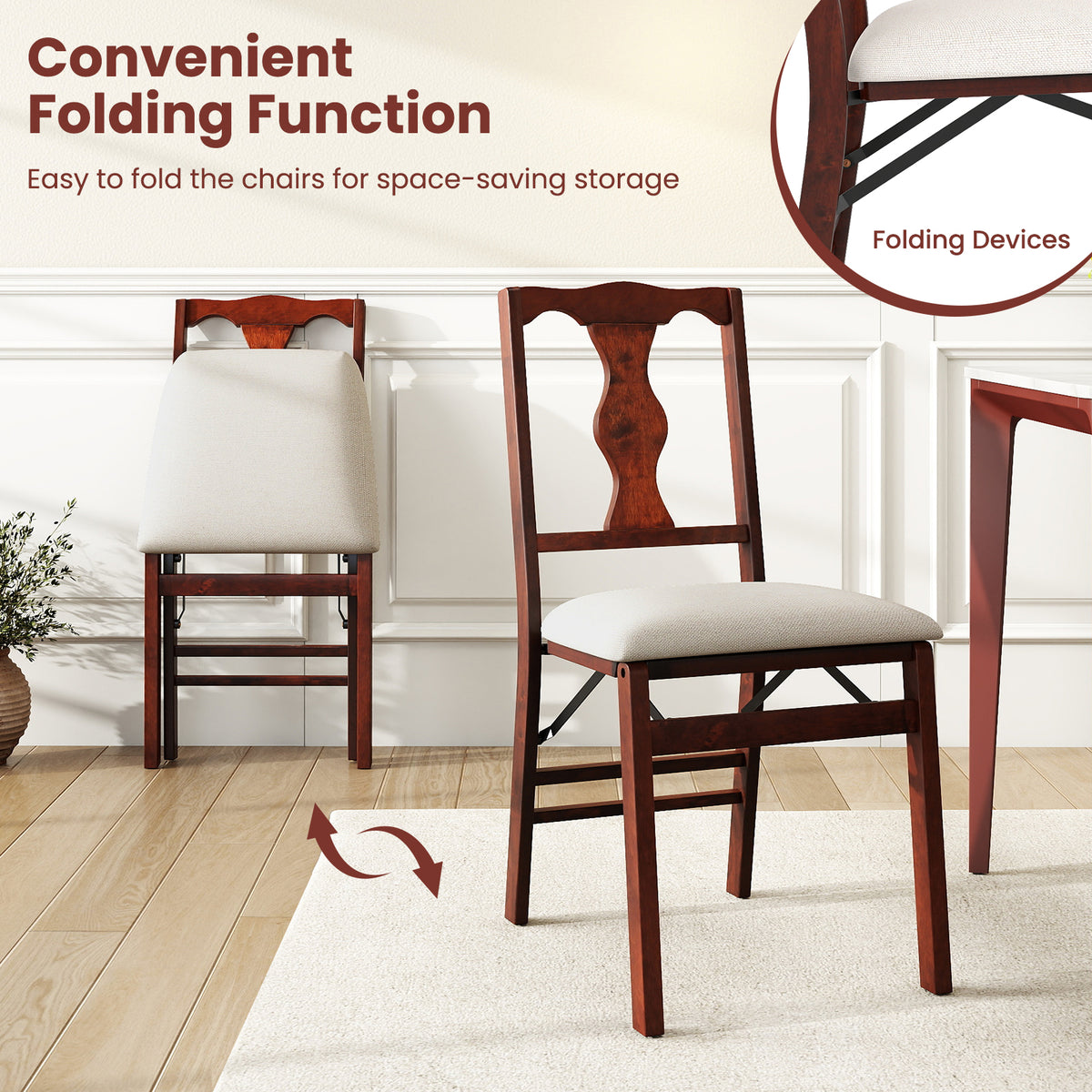 Folding Dining Chairs Set of 2 - Padded Upholstered, Brown & Beige