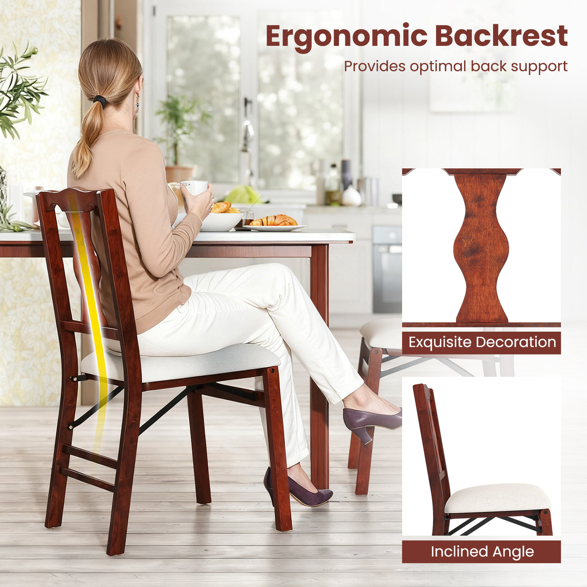 Folding Dining Chairs Set of 2 - Padded Upholstered, Brown & Beige