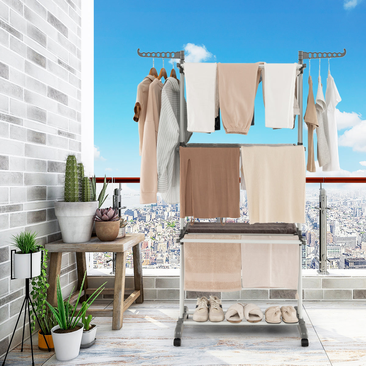 4-Tier Clothes Drying Rack with Rotatable Wings - Gray