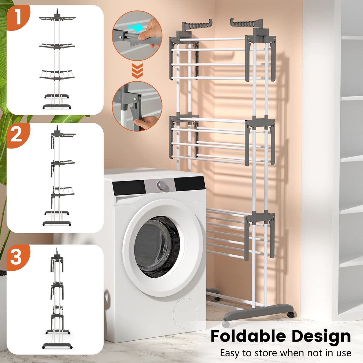 4-Tier Clothes Drying Rack with Rotatable Wings - Gray