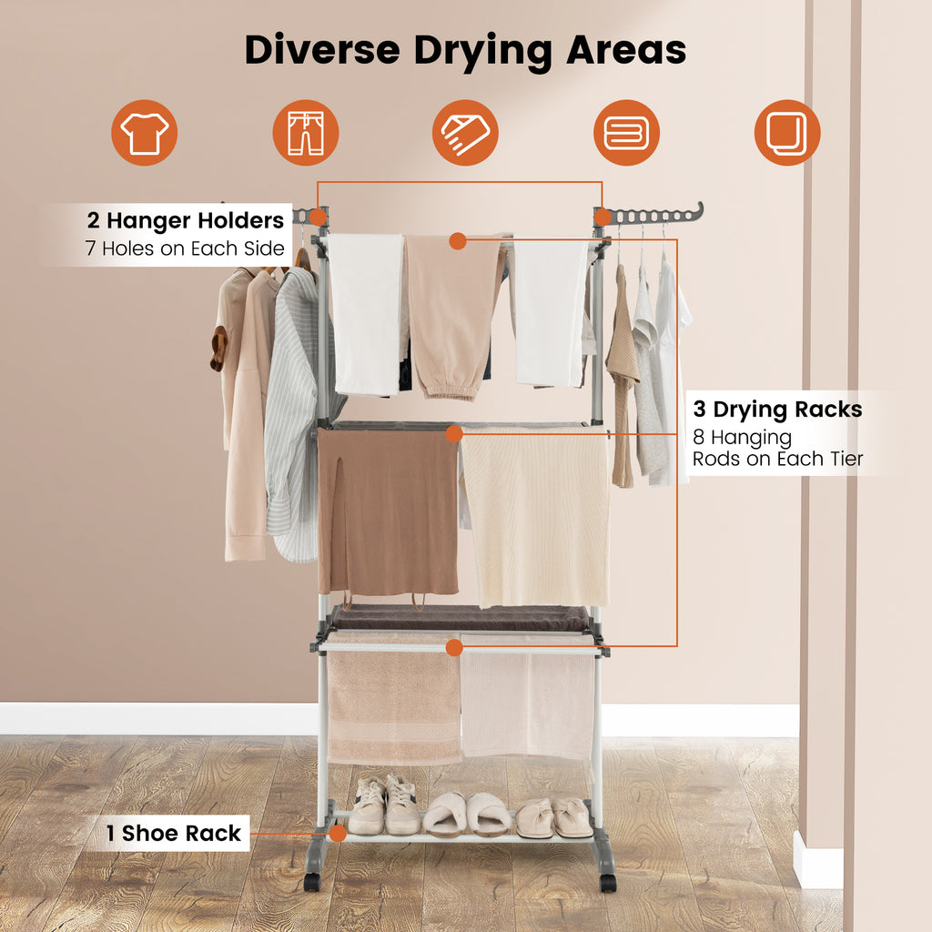 4-Tier Clothes Drying Rack with Rotatable Wings - Gray