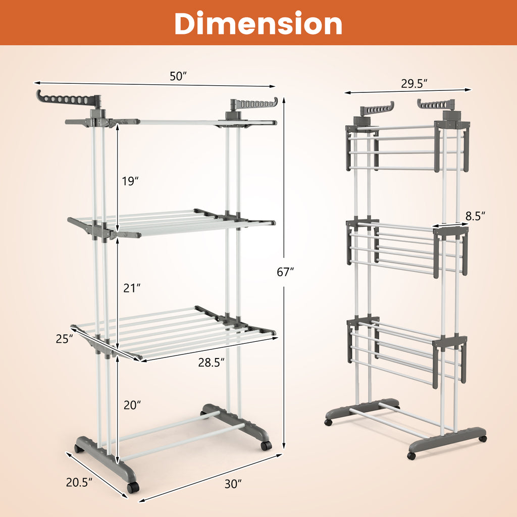 4-Tier Clothes Drying Rack with Rotatable Wings - Gray