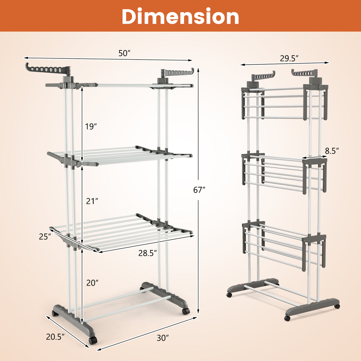 4-Tier Clothes Drying Rack with Rotatable Wings - Gray