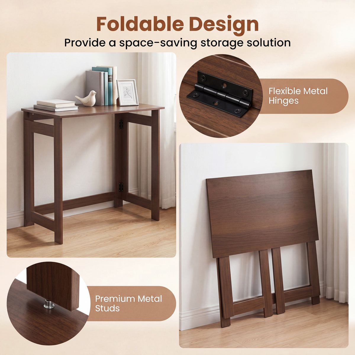 Folding Console Table with Foldable Legs, Brown