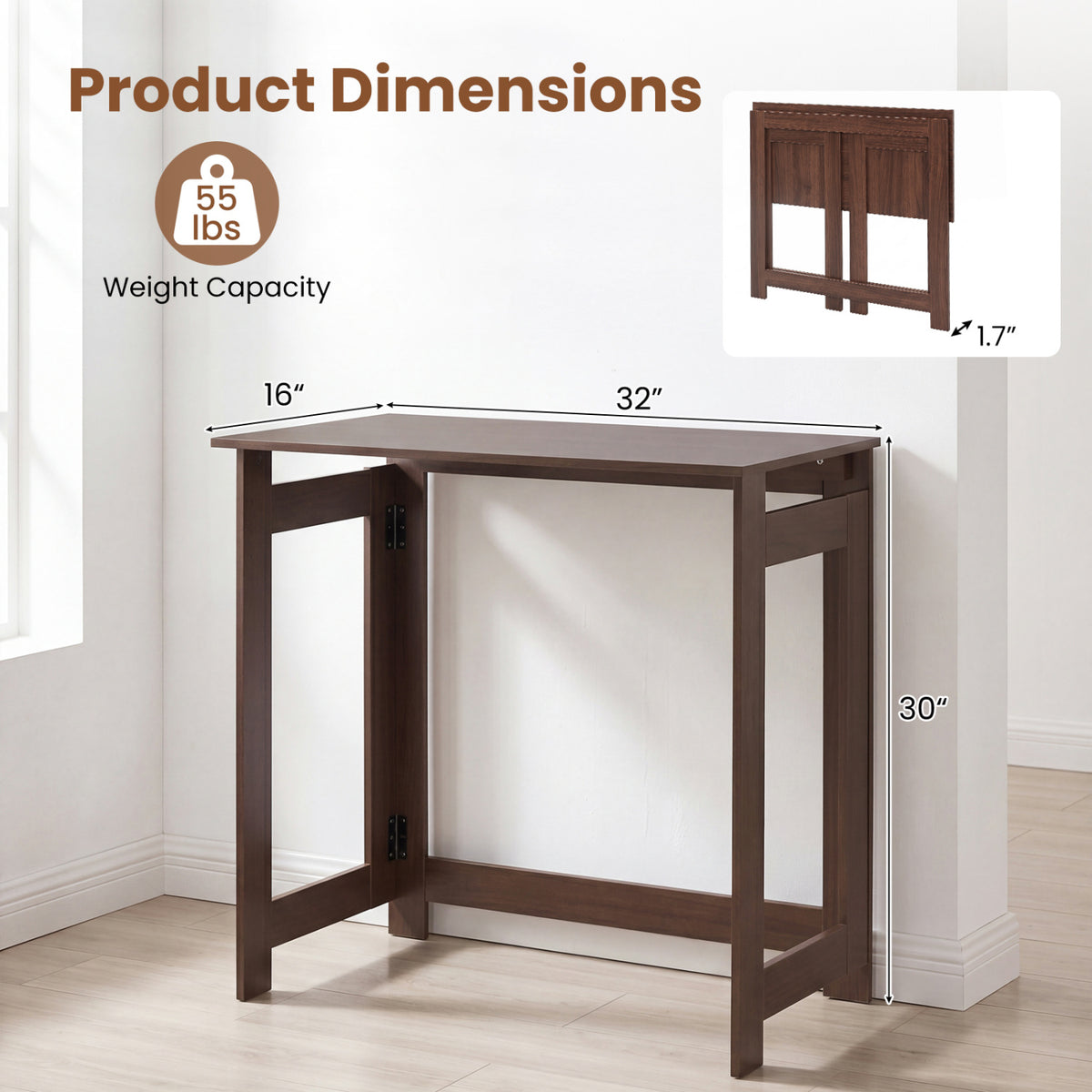 Folding Console Table with Foldable Legs, Brown