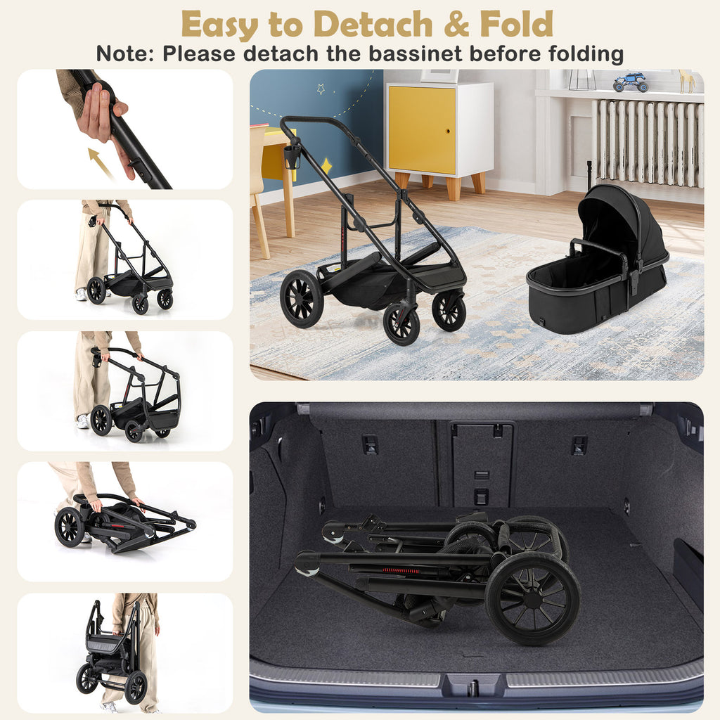 Costway 3-in-1 Folding Baby Stroller with Detachable Bassinet - Black