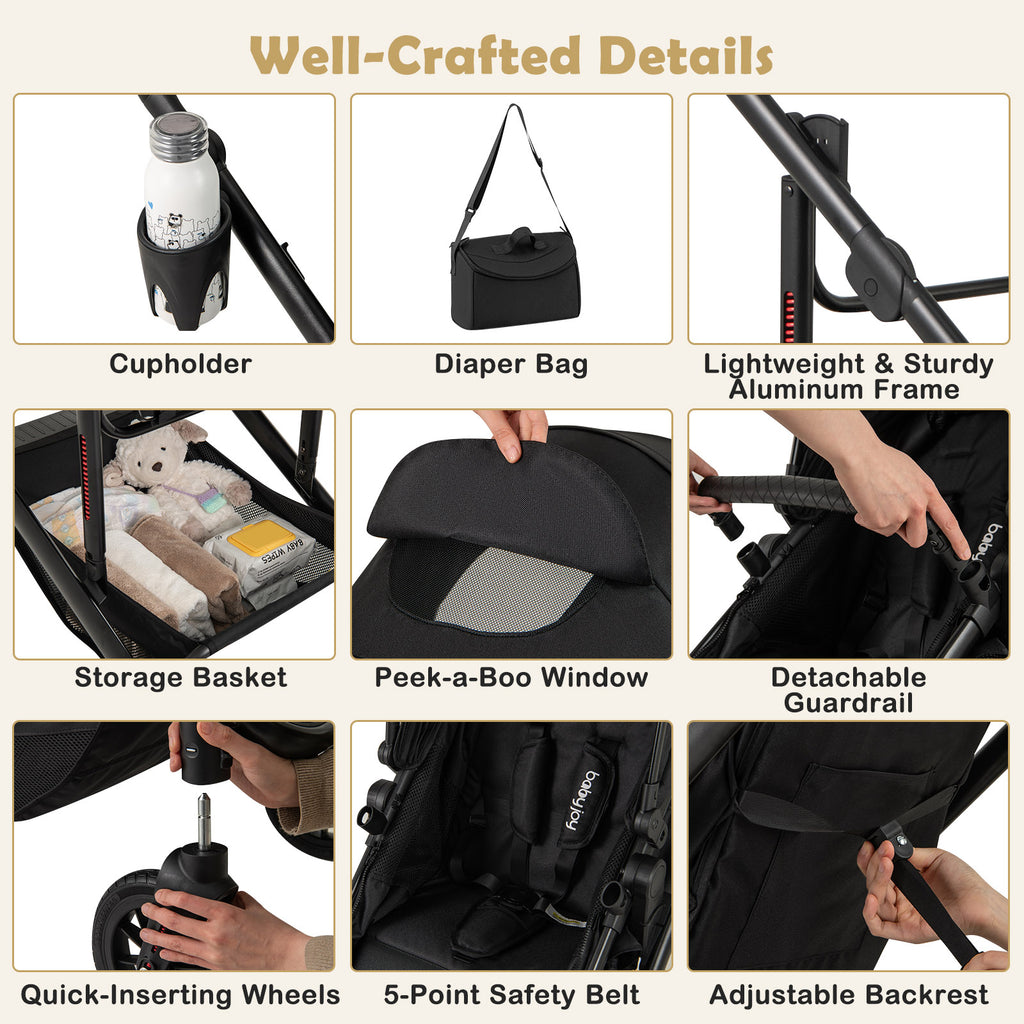 Costway 3-in-1 Folding Baby Stroller with Detachable Bassinet - Black