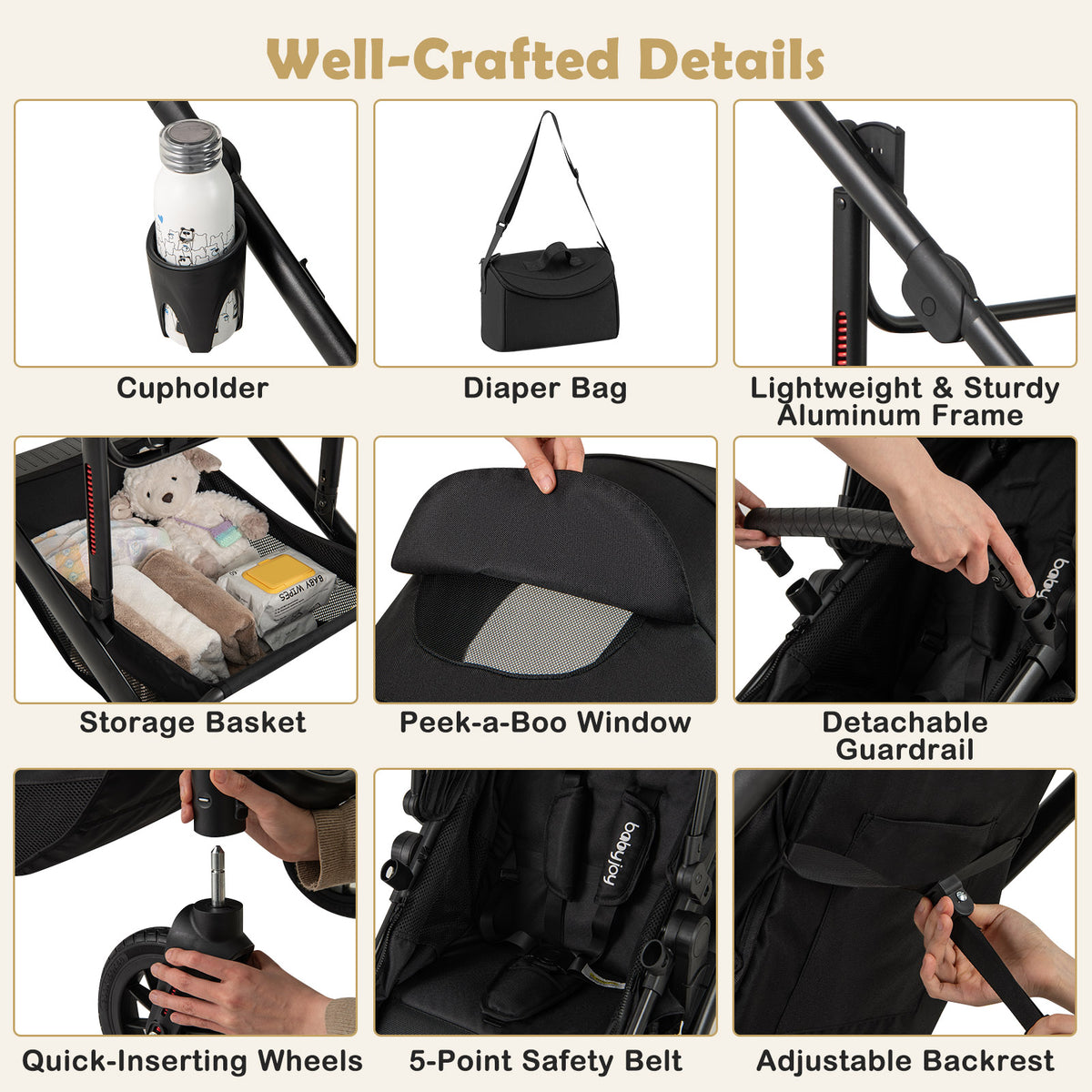 Costway 3-in-1 Folding Baby Stroller with Detachable Bassinet - Black