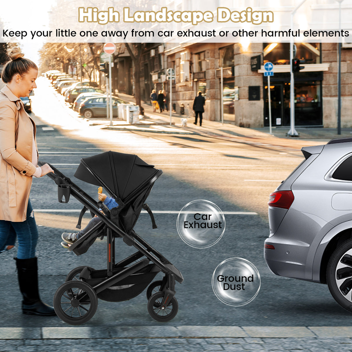 Costway 3-in-1 Folding Baby Stroller with Detachable Bassinet - Black