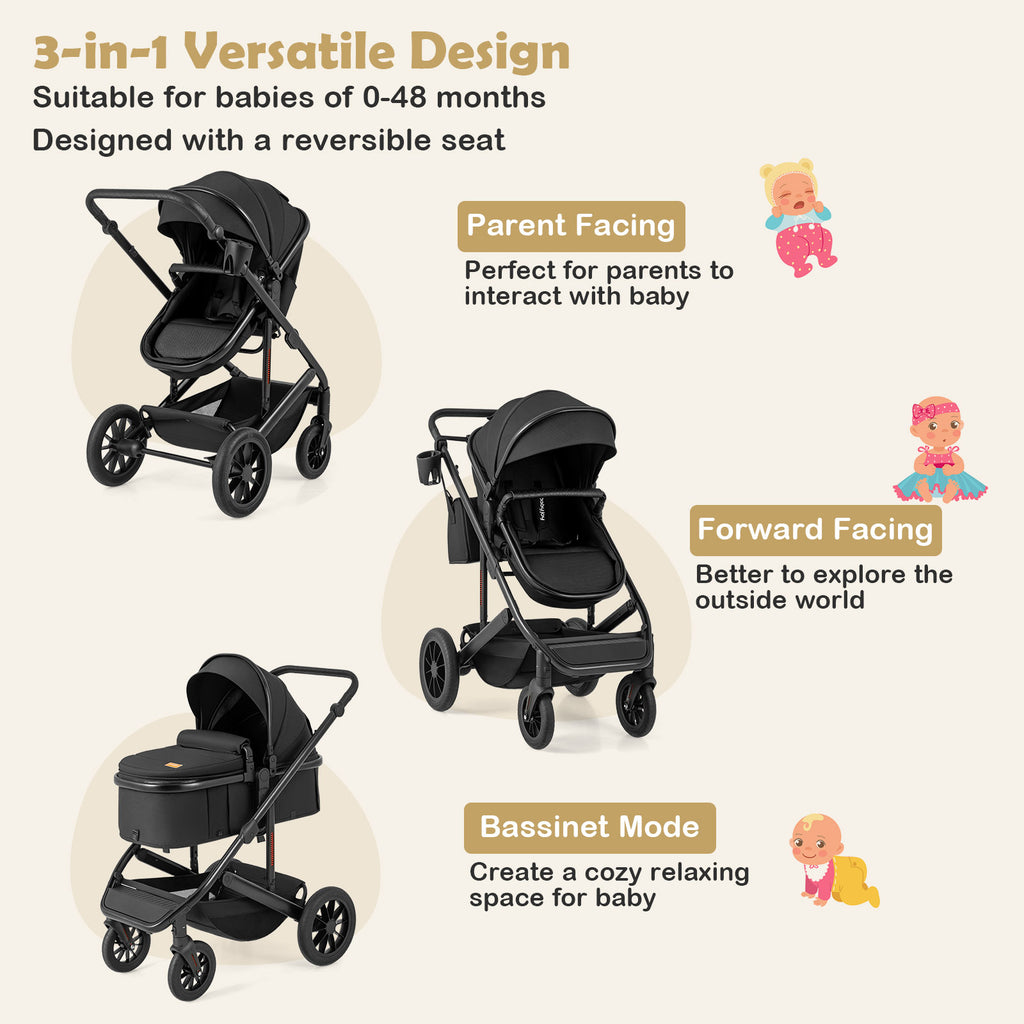 Costway 3-in-1 Folding Baby Stroller with Detachable Bassinet - Black