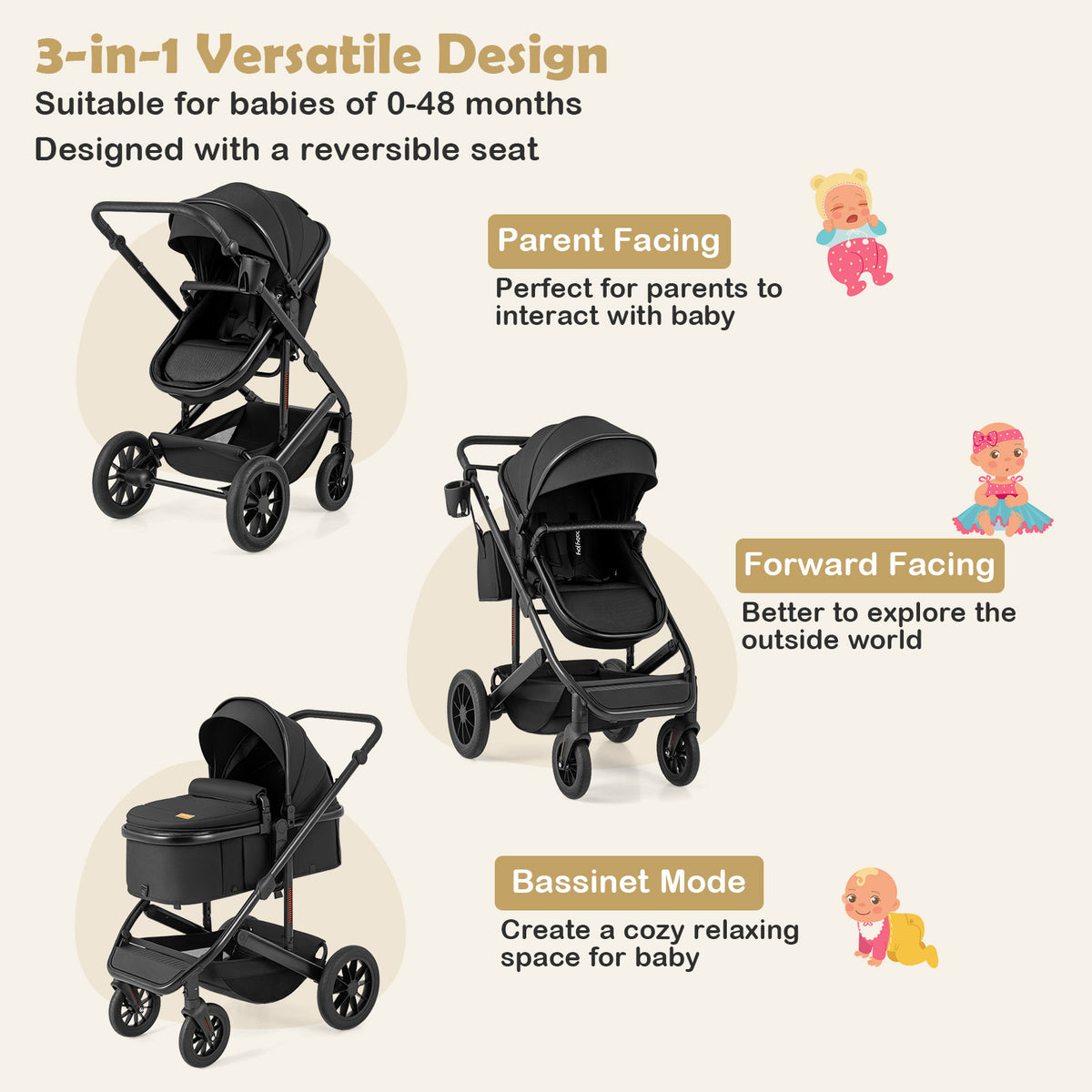 Costway 3-in-1 Folding Baby Stroller with Detachable Bassinet - Black