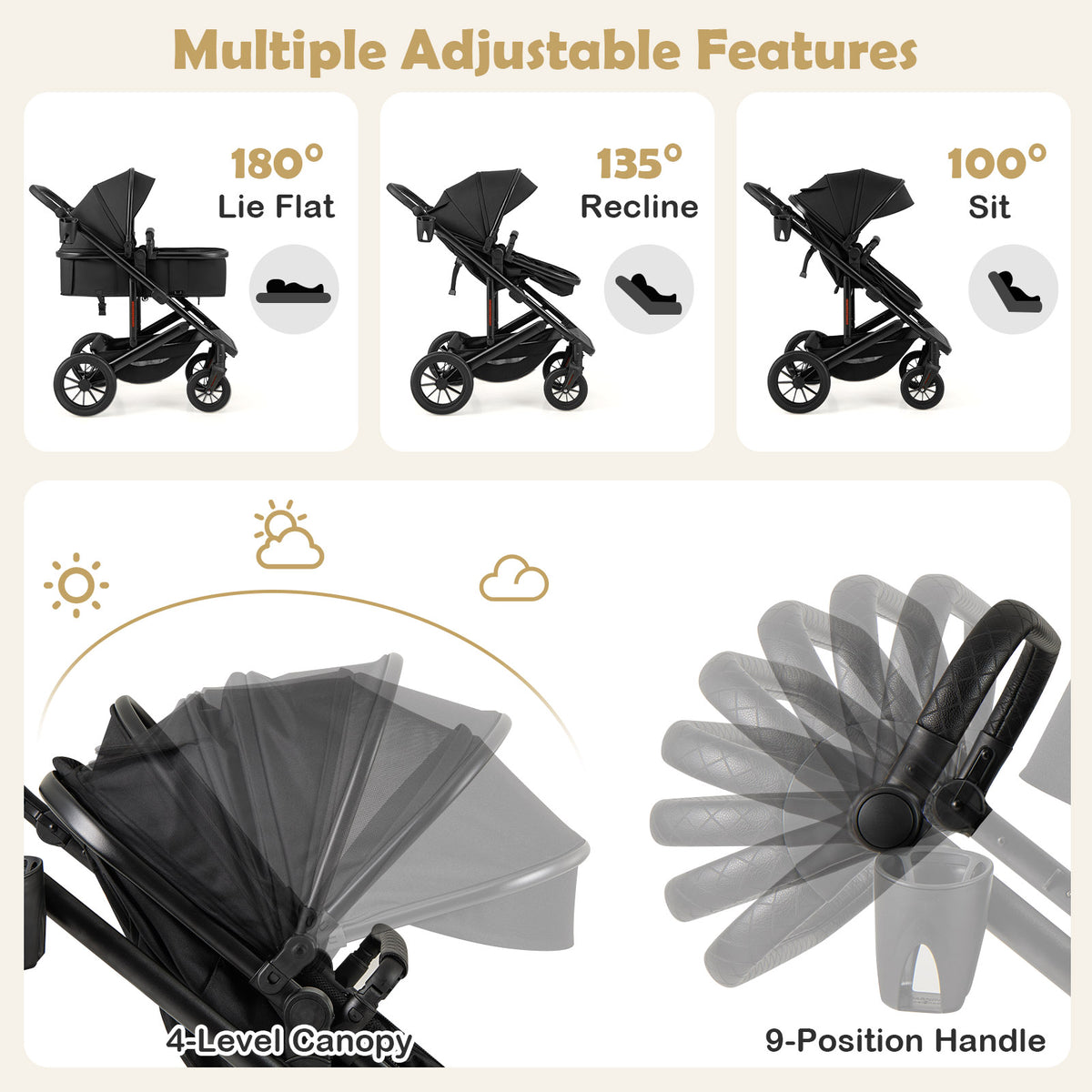 Costway 3-in-1 Folding Baby Stroller with Detachable Bassinet - Black
