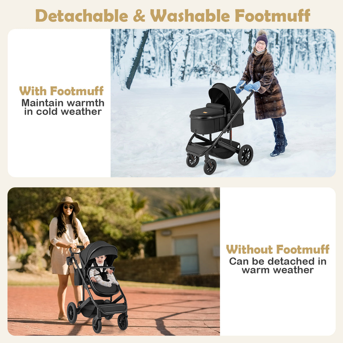 Costway 3-in-1 Folding Baby Stroller with Detachable Bassinet - Black
