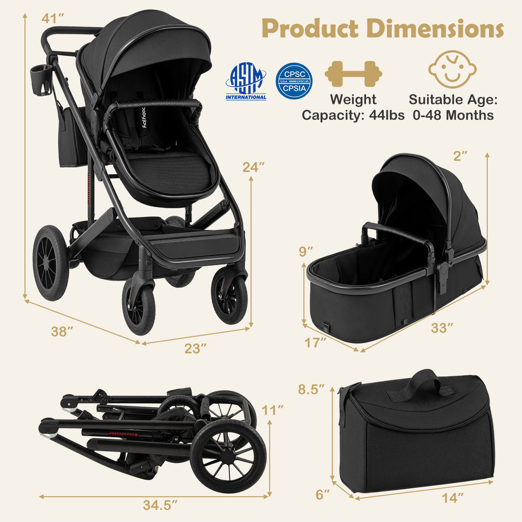 Costway 3-in-1 Folding Baby Stroller with Detachable Bassinet - Black