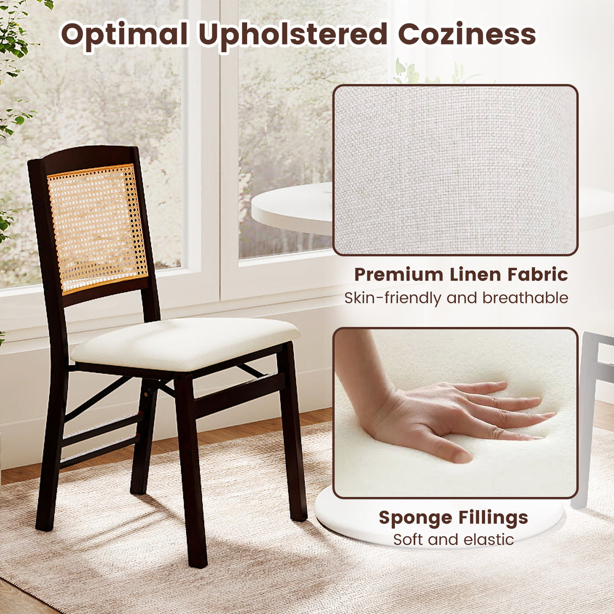 Folding Dining Chairs Set of 4, Rattan, Coffee