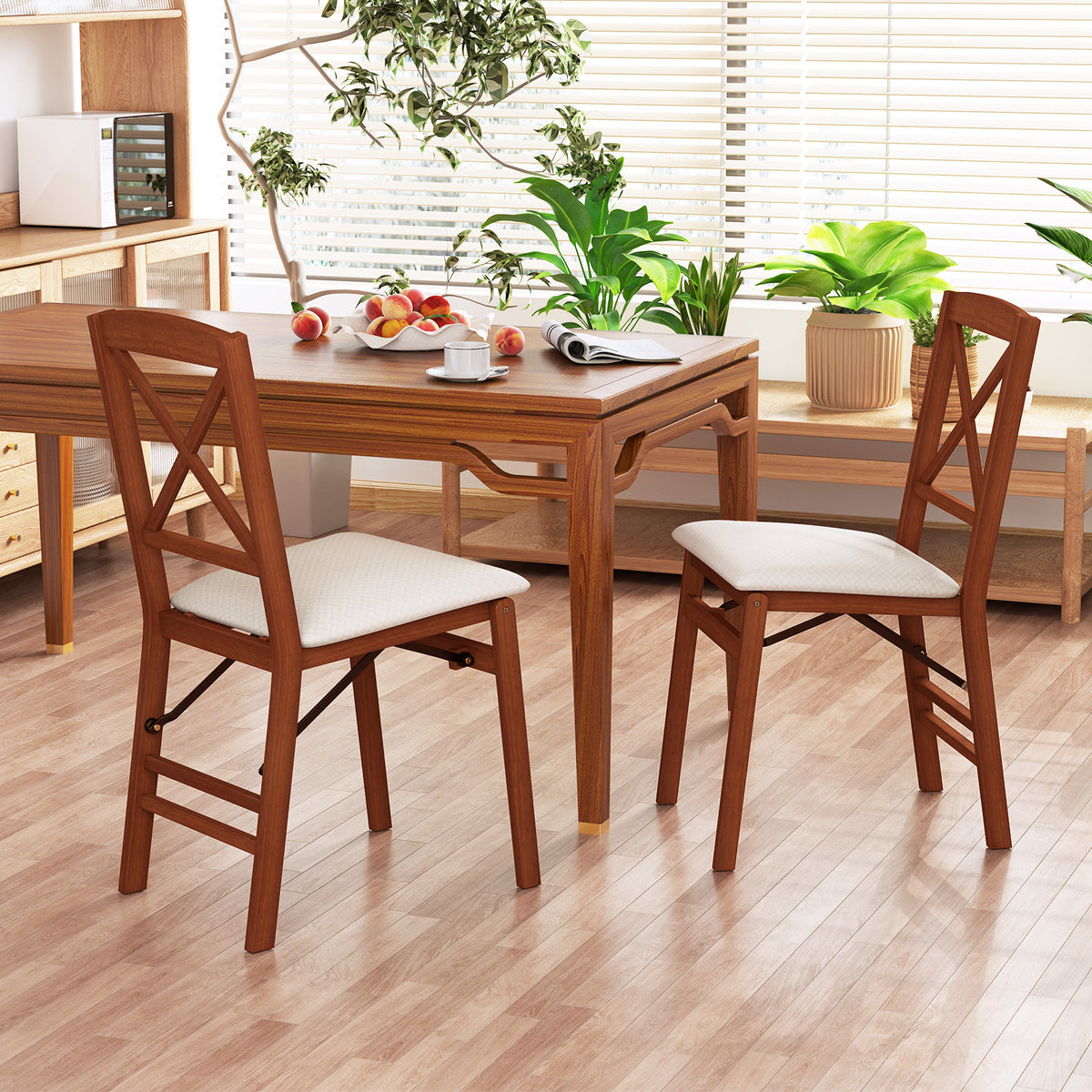 Folding Dining Chair Set of 2, Padded Seat, Cross Pattern Back