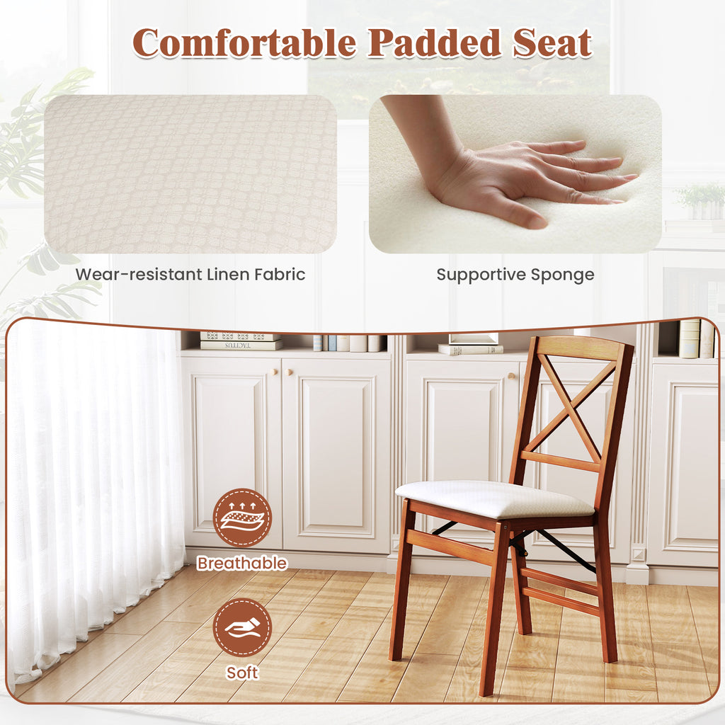 Folding Dining Chair Set of 2, Padded Seat, Cross Pattern Back