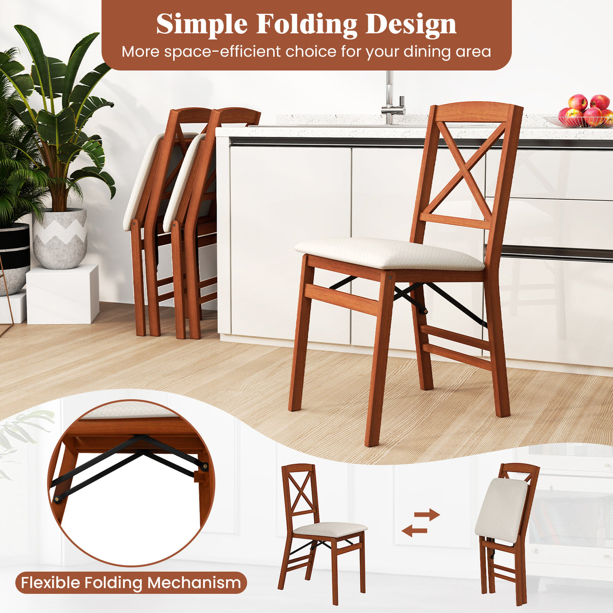 Folding Dining Chair Set of 2, Padded Seat, Cross Pattern Back