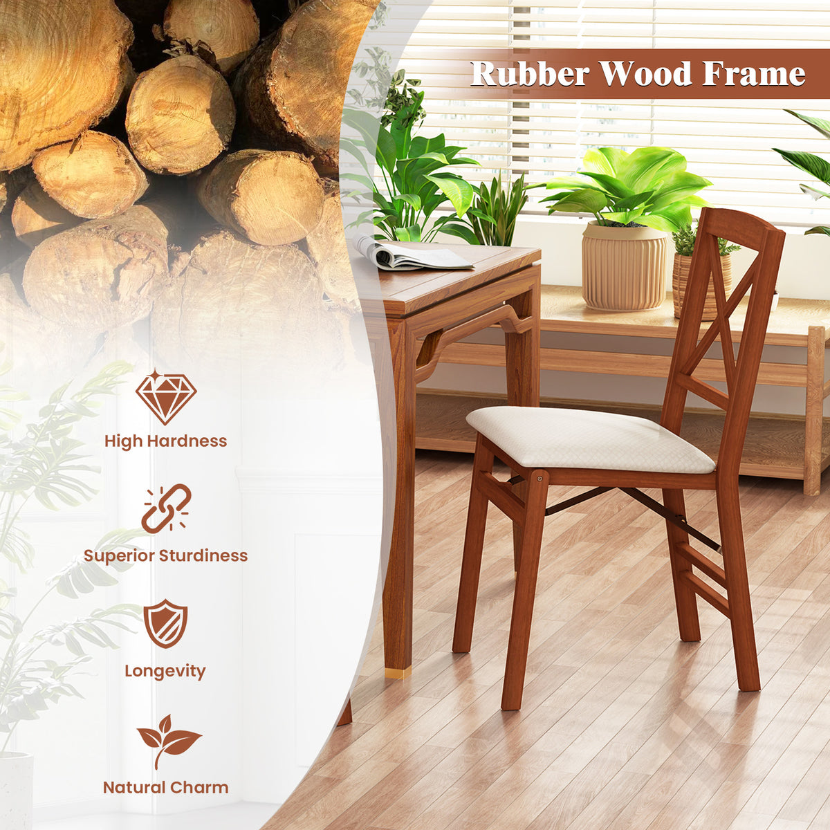 Folding Dining Chair Set of 2, Padded Seat, Cross Pattern Back