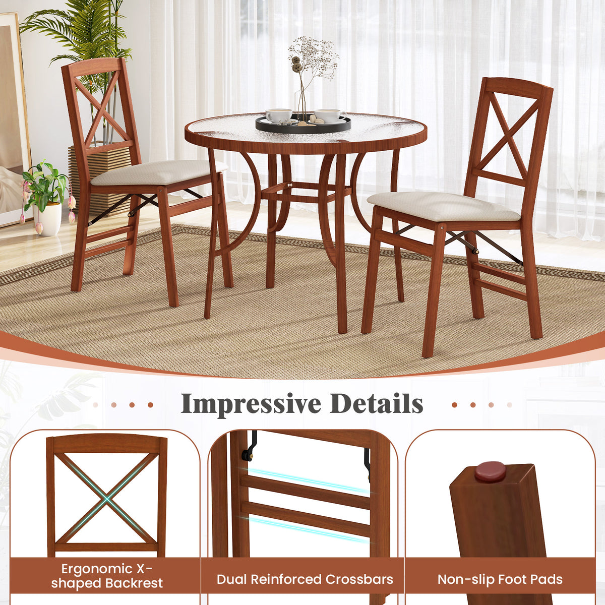 Folding Dining Chair Set of 2, Padded Seat, Cross Pattern Back