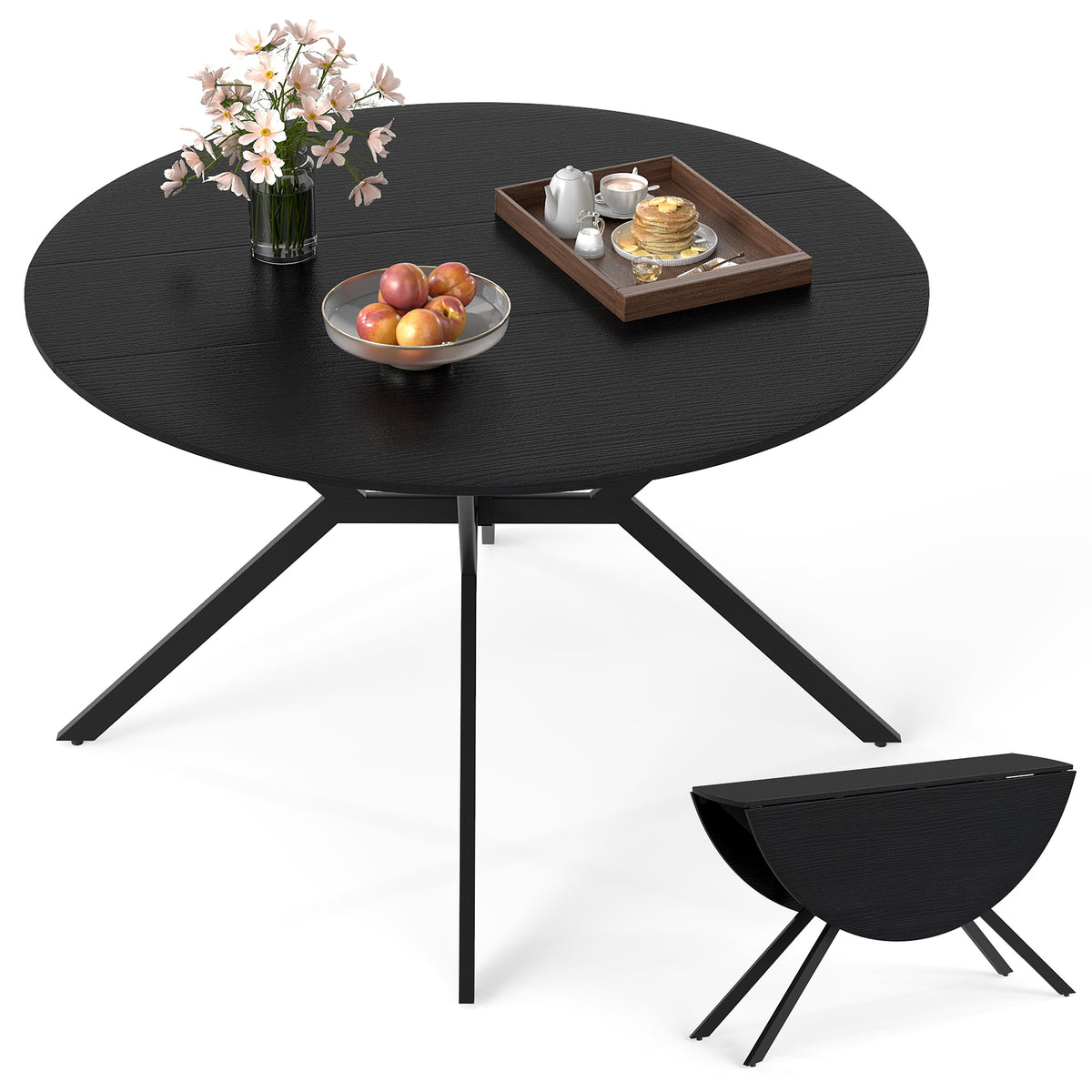 Folding Round Dining Table 47 Inch Black with Drop Leaves