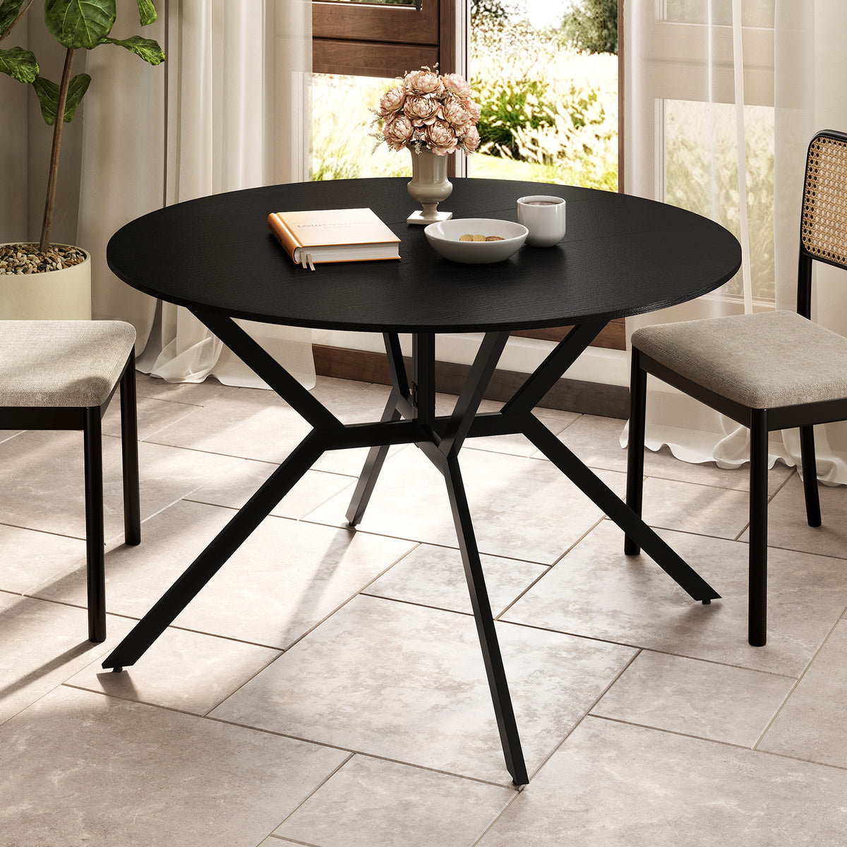 Folding Round Dining Table 47 Inch Black with Drop Leaves