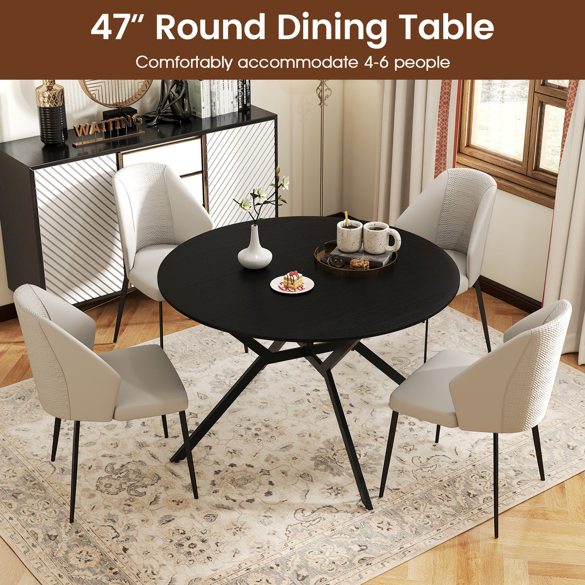 Folding Round Dining Table 47 Inch Black with Drop Leaves