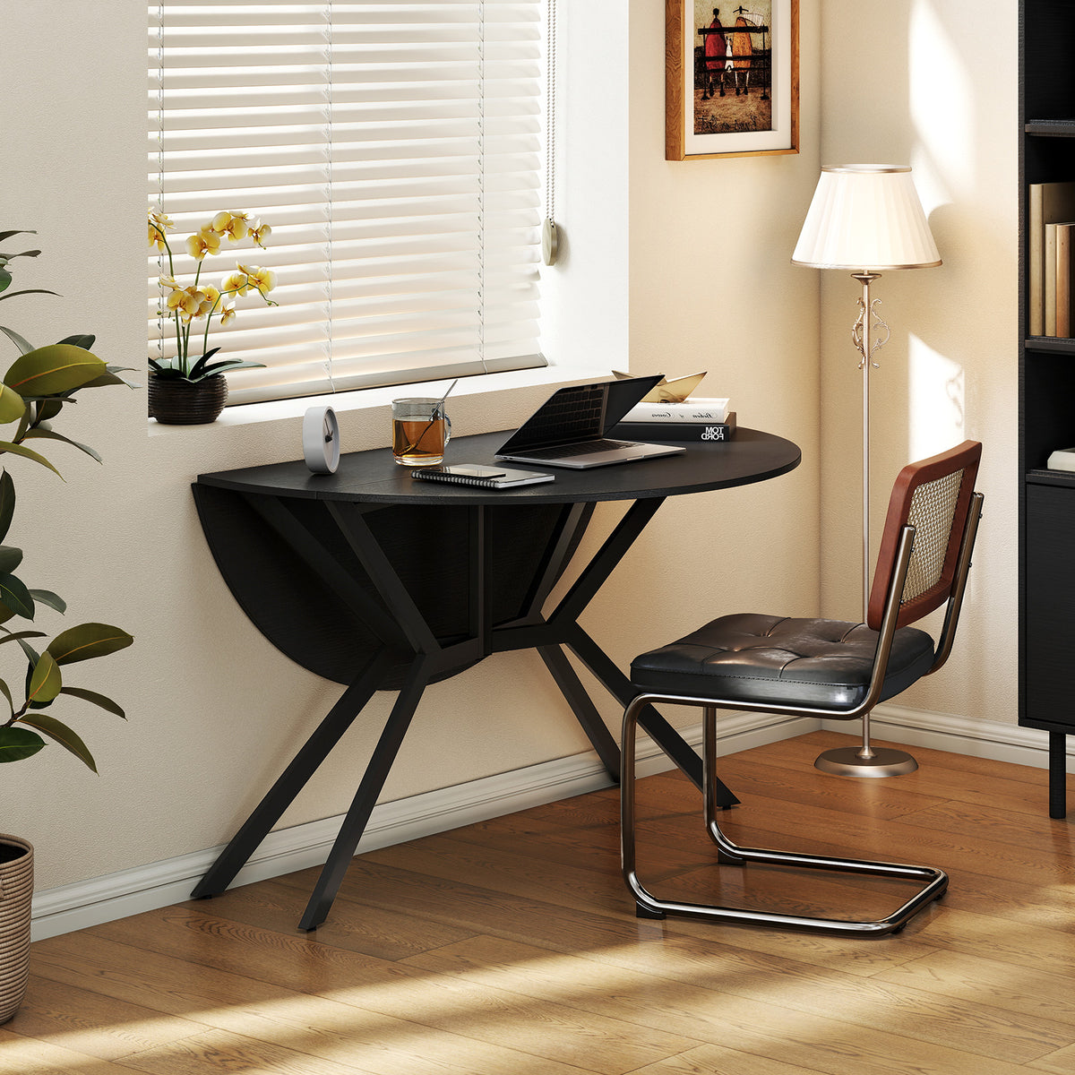 Folding Round Dining Table 47 Inch Black with Drop Leaves
