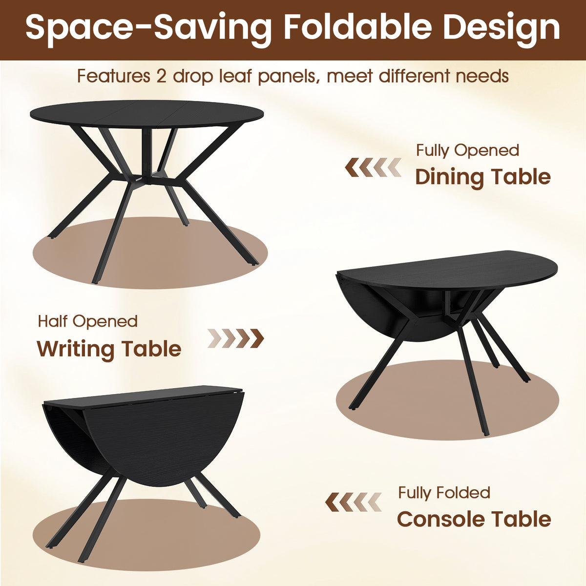 Folding Dining Table 47 Inch Round with Drop Leaves – Black