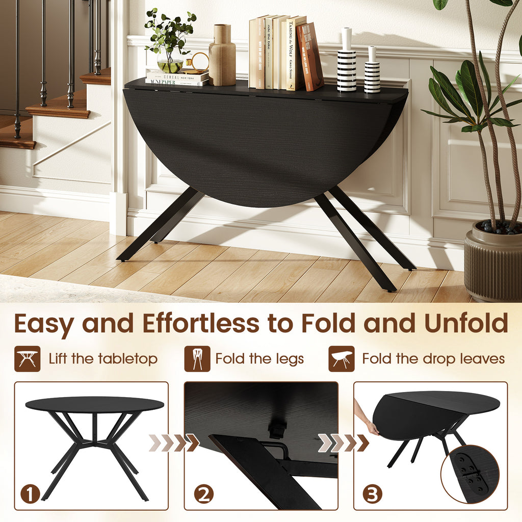 Folding Round Dining Table 47 Inch Black with Drop Leaves